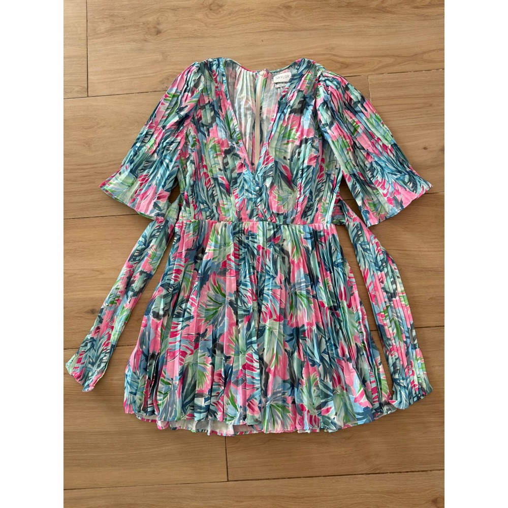 Saylor Tropical Palm Print Pleated Mini Dress Pink Blue V-Neck Size S
